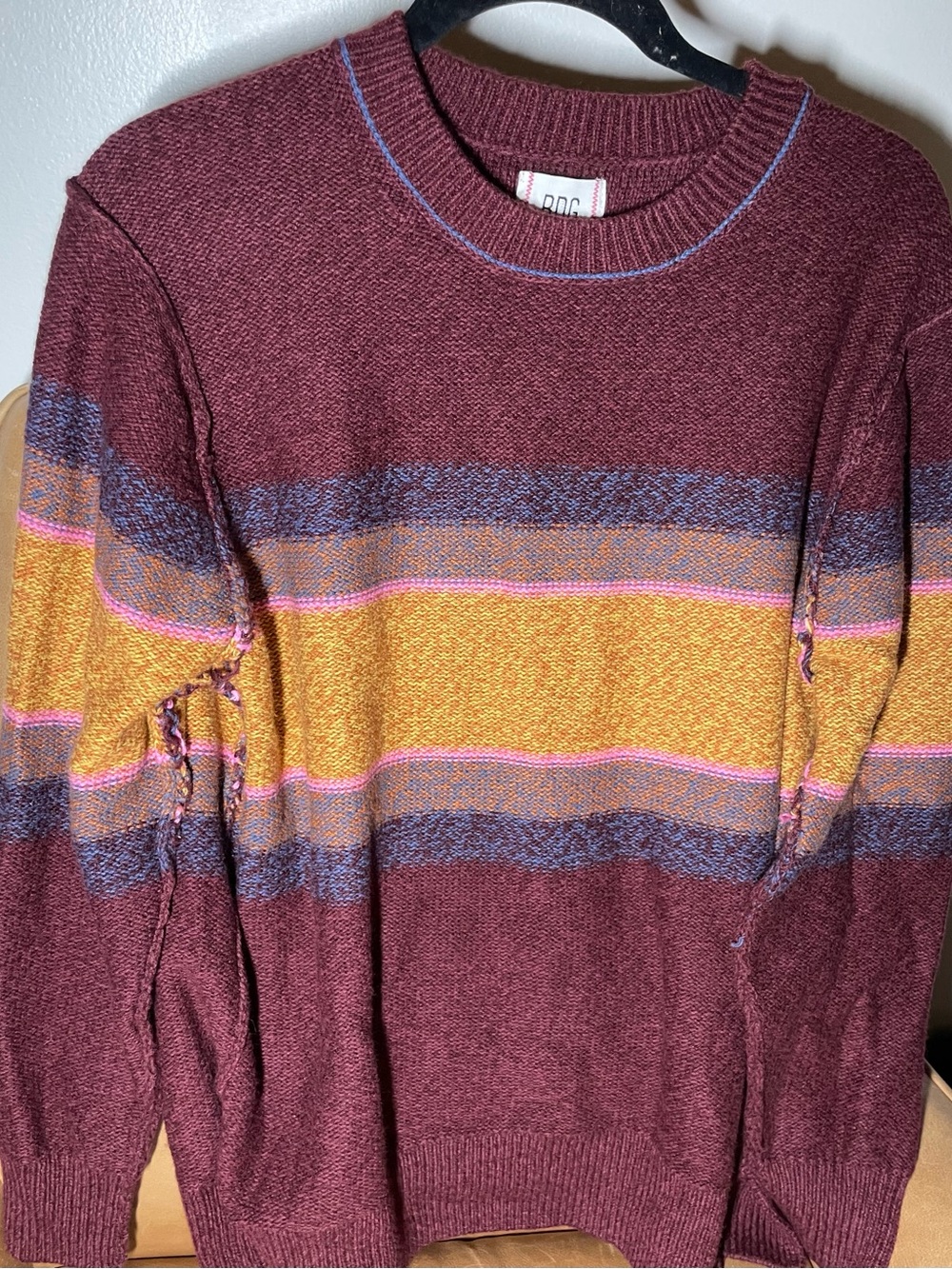 BDG Women's Burgundy Crewneck Sweater with Mustard, Pink & Blue Stripes